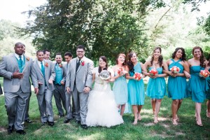 Teal Aqua Bridesmaid Dresses - Gray Groomsmen Suits Blue Vest photo